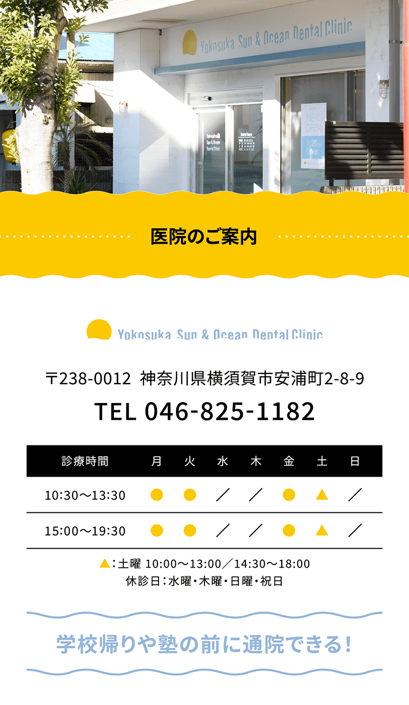 【医院のご案内】〒238-0012　神奈川県横須賀市安浦町2-8-9　TEL 046-825-1182　【診療時間】月曜・火曜・金曜 10:30〜13:30／15:00〜19:30　土曜 10:00〜13:00／14:30〜18:00　休診日：水曜・木曜・日曜・祝日