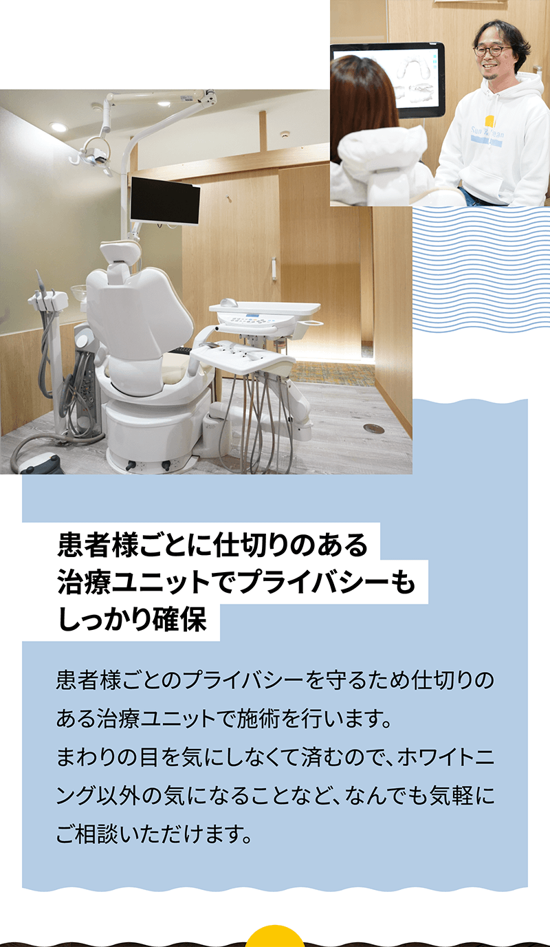 【患者様ごとに仕切りのある治療ユニットでプライバシーもしっかり確保】患者様ごとのプライバシーを守るため仕切りのある治療ユニットで施術を行います。まわりの目を気にしなくて済むので、ホワイトニング以外の気になることなど、なんでも気軽にご相談いただけます。